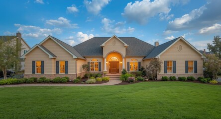 Dreamy suburban residence showcasing classic beige exterior and traditional architecture