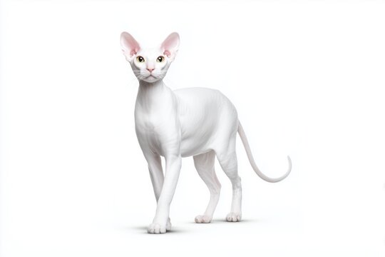 Elegant white Ukrainian Levkoy cat strides gracefully across a bright, spotless background in a serene and captivating moment