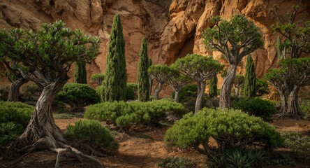 Obraz premium Distinctive 3D green land piece with travel themed off road tree arrangements