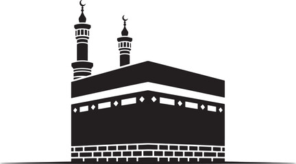 Obraz premium Black silhouette of the Kaaba in Mecca with two minarets and crescent moons Islam