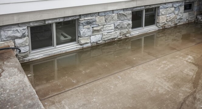 Waterproofed basement windows with stone-lined window well after flooding