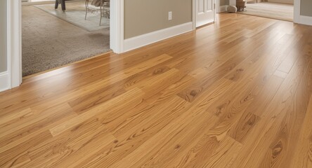Renovation project converting carpeted rooms to solid oak wood floors in golden handscraped oil finish emphasizing wood grain and texture copy space