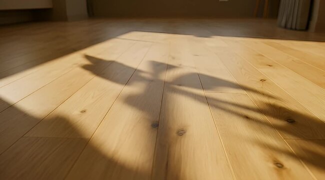 Sunlight and shadow interplay on a light colored hardwood floor surface