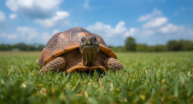 Happy pet turtle basking on green grass lawn full length portrait summer day copy space