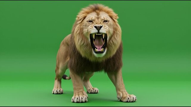 A majestic lion standing aggressively on a green background from a frontal viewpoint
