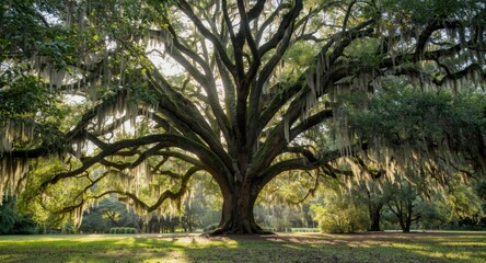 Fototapeta premium Majestic live oak canopy adorned by Spanish moss in spring light