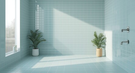 Fototapeta premium Soft pastel blue ceramic tiles decorating bathroom walls and floor