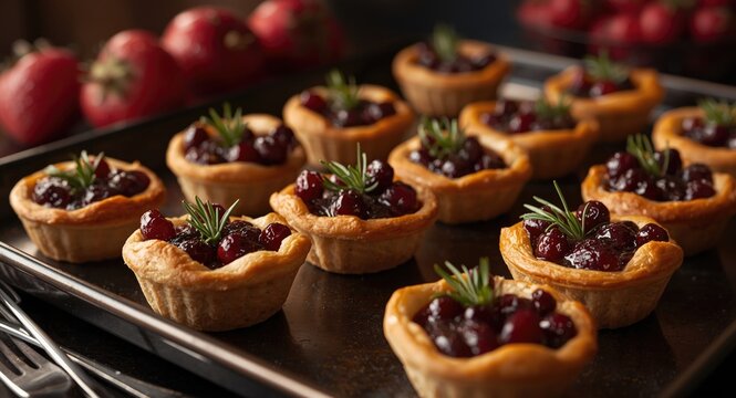 Golden puff pastry tarts filled with tangy cranberries and fresh rosemary on a serving tray