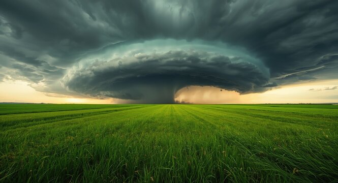 Panorama of intense storm gathering before tornado stage across green grass fields featuring copy space