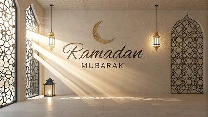 Ramadan Mubarak Interior With Crescent Moon And Lanterns