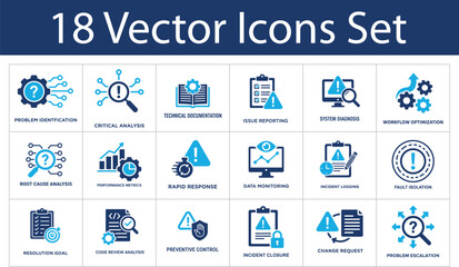 Problem solving solid icons set. Root cause analysis, issue reporting, fault isolation, critical analysis, system diagnosis. Technical support solid icons collection