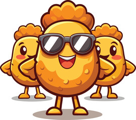 Obraz premium Cute fried chicken nugget mascots with sunglasses vector illustration, happy snack food characters flat design