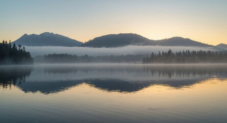 Obraz premium Peaceful early light with foggy mountain ranges and clear reflections on still waters