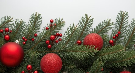 Decorative red toys combined with spruce branches and white backdrop for Christmas