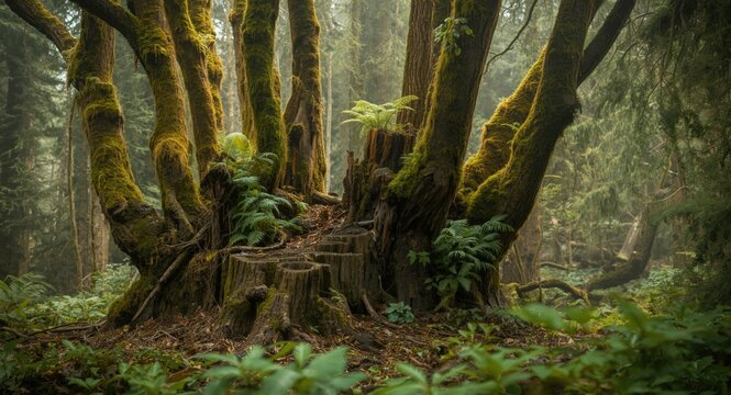 Natural forest cluster with moss covered tree trunks growing atop stumps