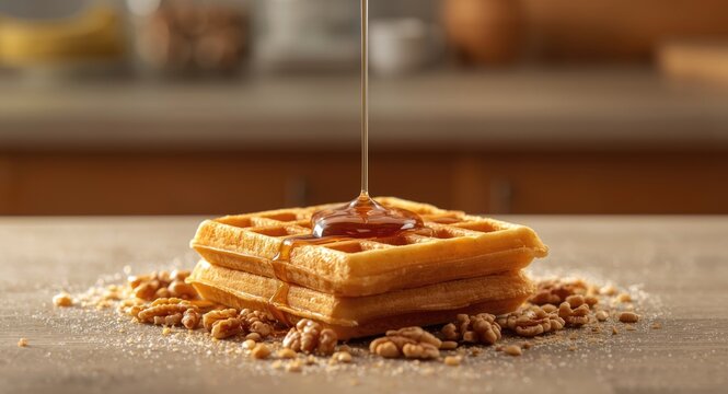 Square waffle served hot with a thick drizzle of walnut syrup