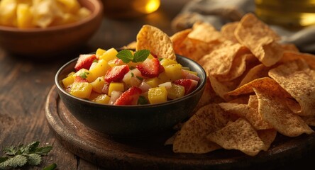 A bowl of sweet tropical salsa with mango pineapple and strawberries accompanied by crispy cinnamon dusted tortilla chips
