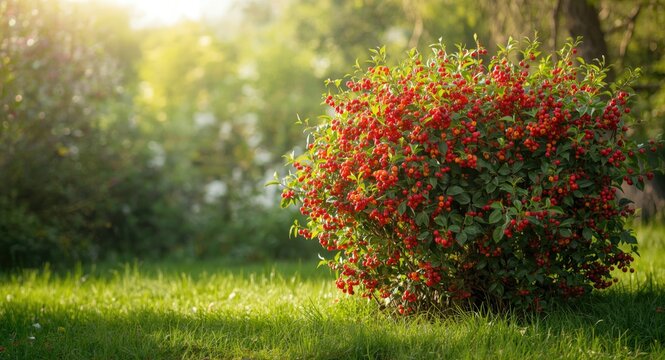 Firethorn bush in full spring bloom with rich berry clusters
