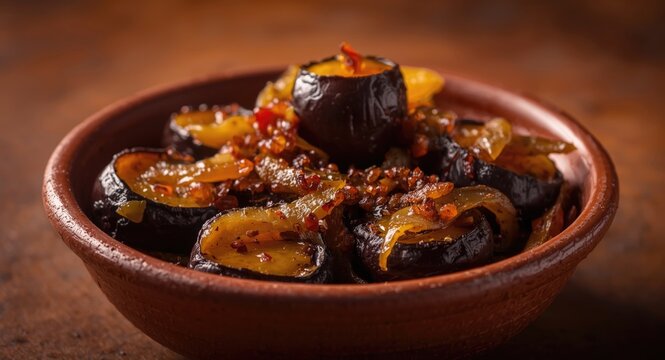 Turkish saksuka appetizer with eggplant, onion, and pepper blend