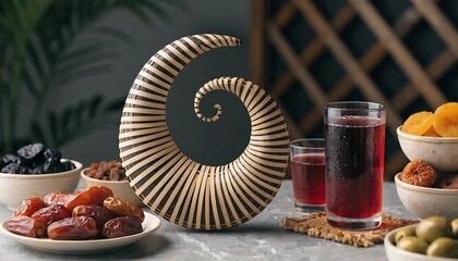 Spiral bamboo sculpture with dried fruits and juice