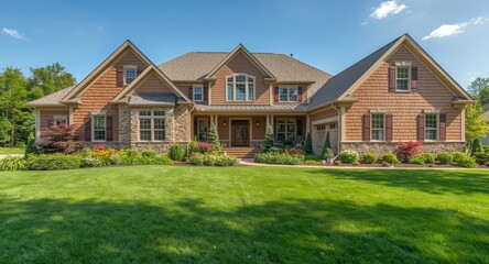Polished home with traditional shingled siding and landscaping
