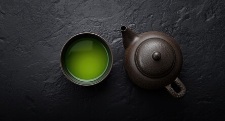 Top shot of luminous green tea served in dark bowl alongside matching teapot on rough black slate surface with copy space