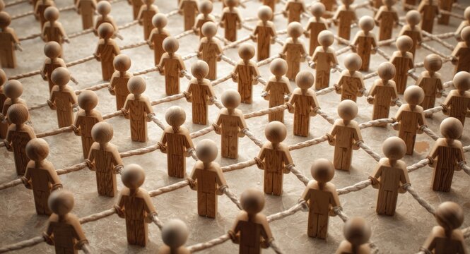 Wooden figures linked in a network to visualize customer relationship management and recruitment with an emphasis on employee training