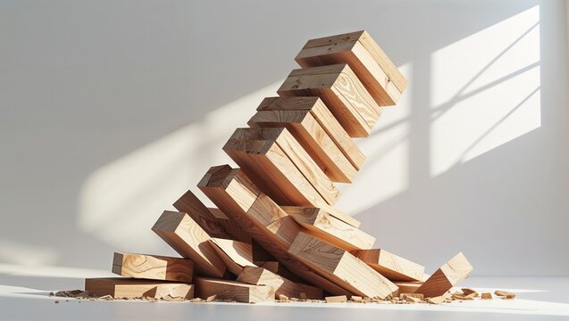 Unstable wooden block tower about to collapse, structural failure and bankruptcy risk governance concept with copy space