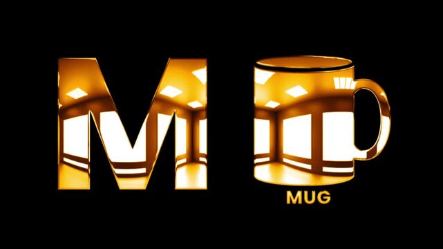 M alphabet text design with mug golden shine light animation video
