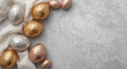 Obraz premium Refined Easter eggs in gold silver and bronze finishes presented on a subtle gray backdrop with copy space