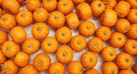 Patterned display of vibrant orange pumpkins over a bright white spatial area designed for seasonal cooking and farming applications