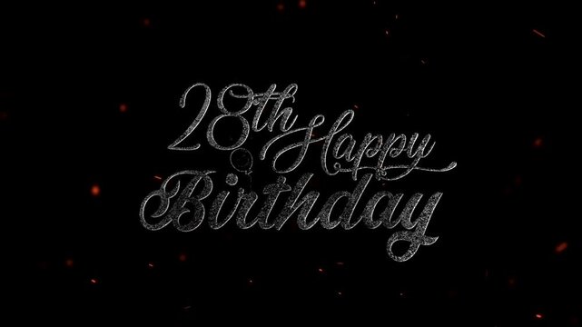 28th Happy birthday Elegant silver cursive number twenty eight with confetti and balloon celebration design effect