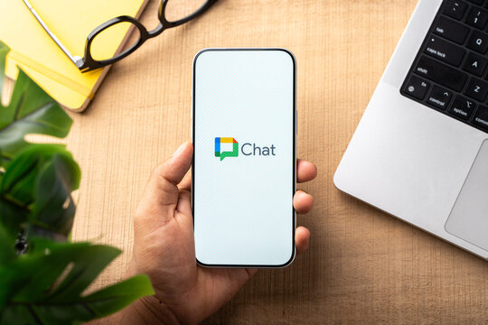 Google Chat logo is displayed on the screen of a smartphone, in Bangalore, India, on February 28, 2026
