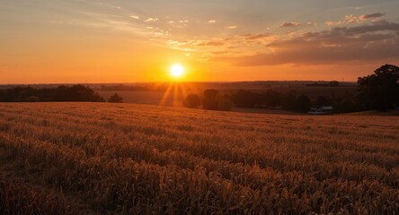 Golden hour sunset coloring the serene farmland with warm light