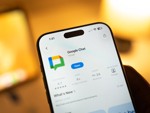Google Chat logo is displayed on the screen of a smartphone, in Bangalore, India, on February 28, 2026
