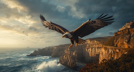 Obraz premium Majestic eagle navigating turbulent winds above coastal cliffs