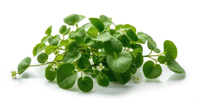 Bacopa monnieri Brahmi plant with vibrant green leaf growth and small white flowers isolated on white background