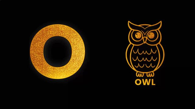 O alphabet text design with owl golden glitters light animation video