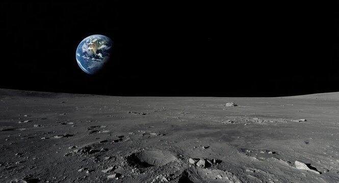The planet Earth seen from a quiet moon surface