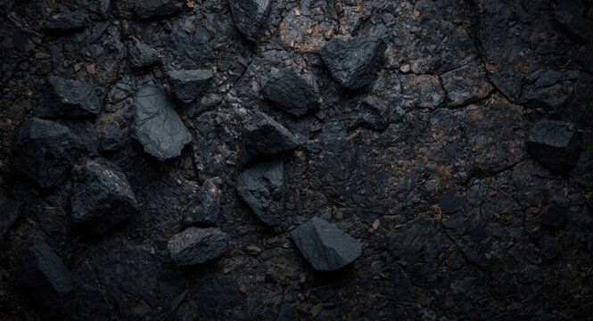 Macro detail of charcoal lying on textured bedrock with wood grain visible