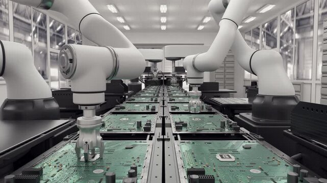 Concept future. High Precision Robot Arms at Bright Electronics Factory. Fully Automated Modern PCB Assembly Line. Component Installation on Circuit Board. Electronic Devices Production Industry.