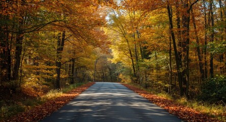 Obraz premium Sunlight streaming through colorful fall leaves along a quiet forest road