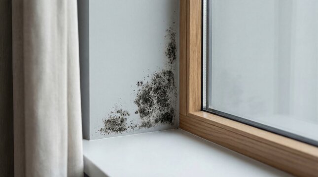 Black mold growing on a wall and window frame next to a curtain. Concept of dampness, health hazard, and property damage from fungus.