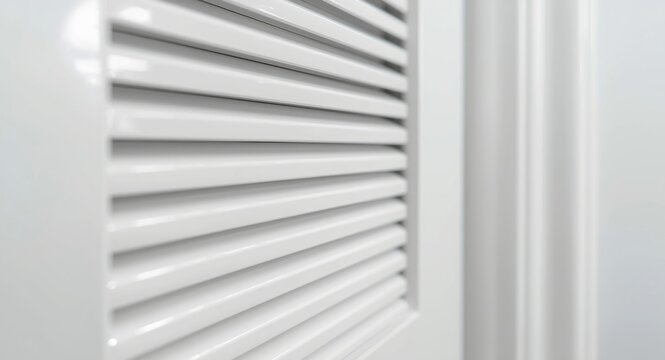 Closeup of white PVC grille on bathroom door designed for ventilation with copy space