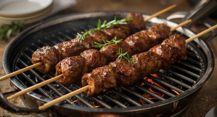 Spiced lamb kebabs prepared Italian style with rosemary on a traditional brazier