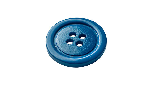Round blue button lying with four holes isolated on transparent background cut out
