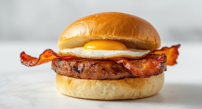 Hearty breakfast roll with bacon sausage and egg on a fresh bun
