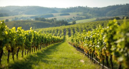 Obraz premium Ripening grapevines on green lawn with summer hills in the distance