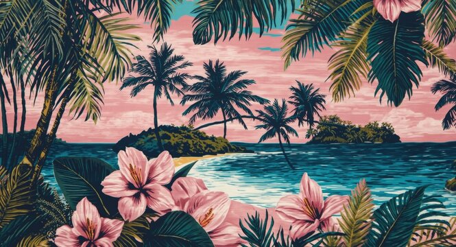 Traditional Hawaiian barkcloth textile featuring island scenes and pink hues