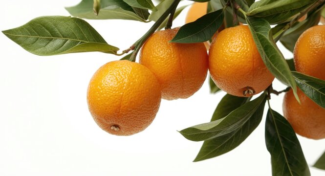 Close up of an orange tree branch with ripe fruit isolated on a bright white background
